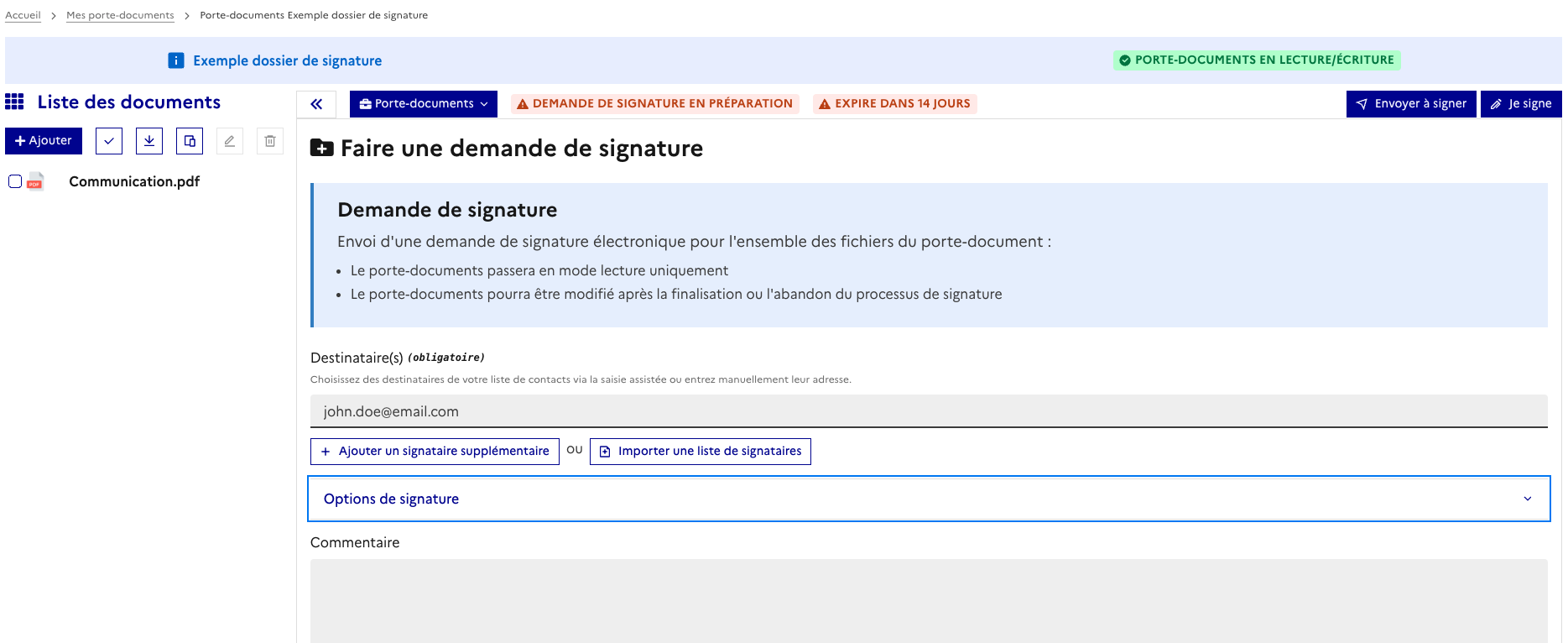 Formulaire d’une demande de signature