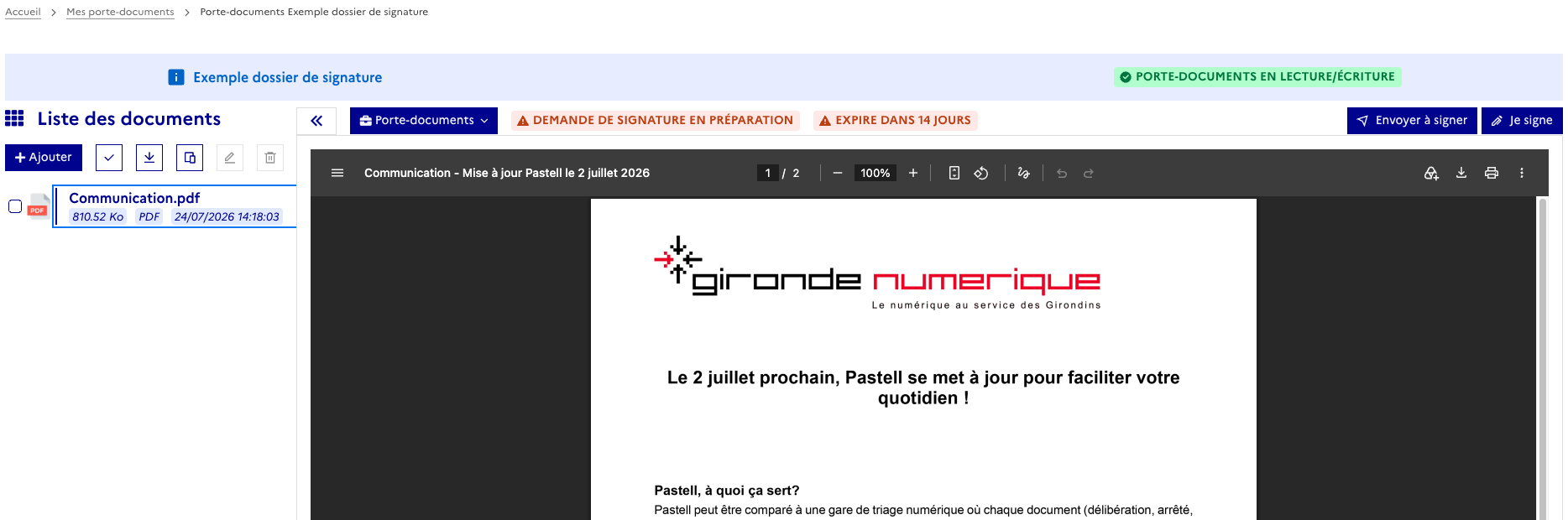 Vue d’un dossier de signature et de ses documents