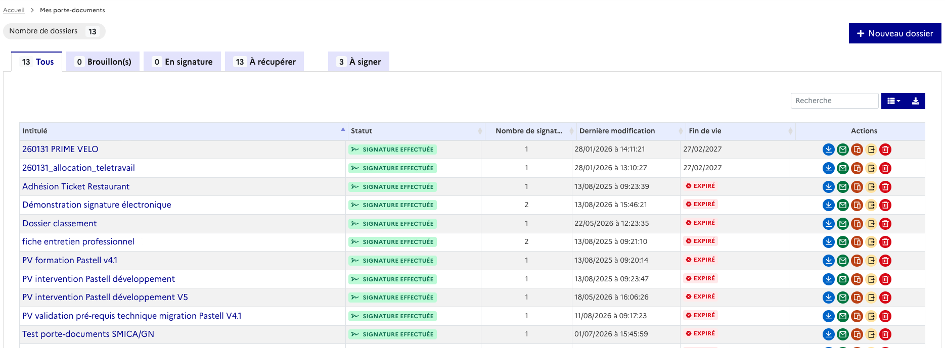 Liste Mes dossiers