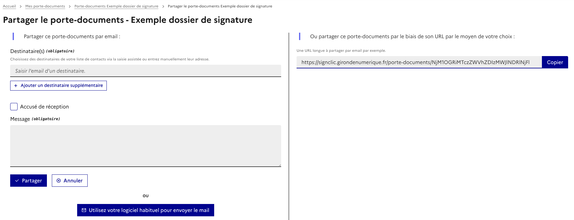 Page de partage d’un dossier de signature