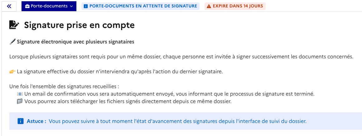 Confirmation : signature prise en compte